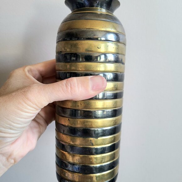 Vintage 7.5 Tall Solid Brass Vase with Black and Gold Striped Design. - Picture 3 of 6
